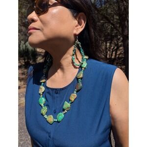 Handmade‎ Natural Kingman Turquoise Necklace Earrings Navajo Jewelry Set ***